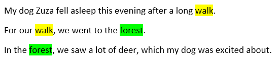 Text image with highlighted words: "walk" in yellow and "forest" in green, describing an evening walk with a dog named zuza who enjoyed seeing deer in the forest.