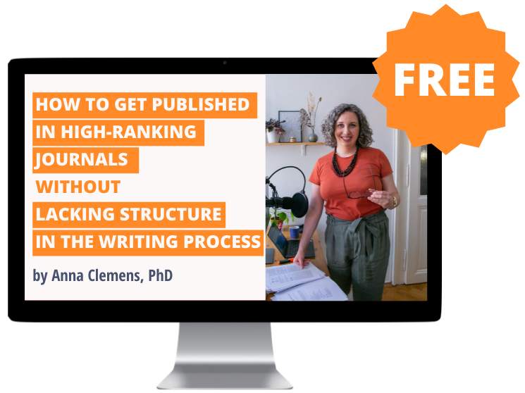 A computer screen displaying a webinar titled 'how to get published in high-ranking journals without lacking structure in the writing process' by Anna Clemens, Phd