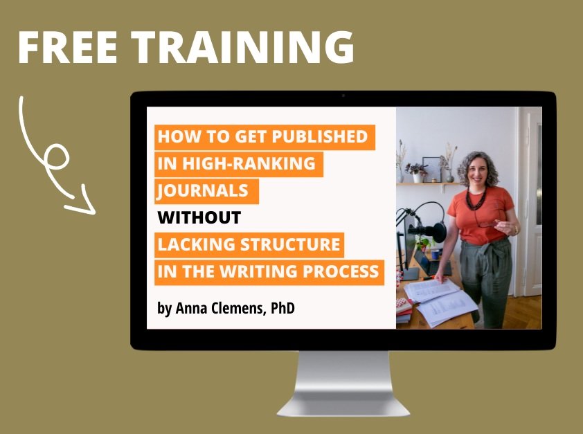 A computer screen displaying a promotional banner for a free training session titled 'how to get published in high-ranking journals without lacking structure in the writing process' by Anna Clemens, Phd