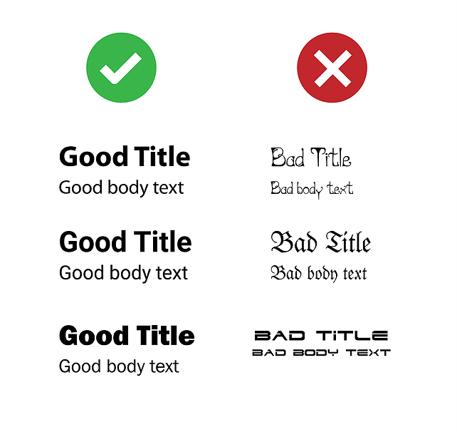 Graphic showing examples of good and bad text formatting. includes icons, headings, and body text in various styles with a check mark beside "good title" and an x beside "bad title".