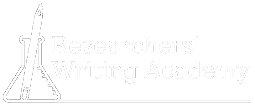 Logo of 'researchers' writing academy' featuring a stylized graphic of a pen merged with an erlenmeyer flask,