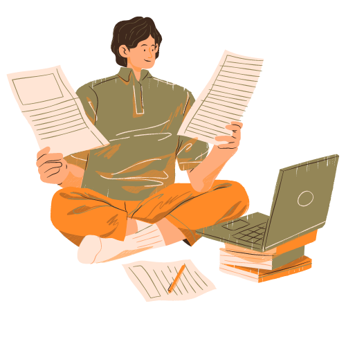 Illustration of researcher looking at papers and sitting in front of a laptop.