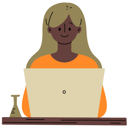 Illustration of a woman with blonde hair using a laptop at a desk. she wears an orange shirt and appears content and focused on her work.