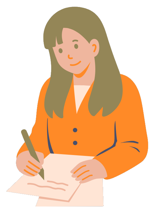 An illustration of a woman in an orange blazer smiles gently while writing on a piece of paper with a pen.