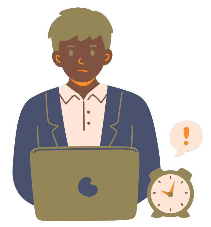 An illustration of a young man with blond hair works on a laptop, wearing a blue jacket and white shirt. There's a speech bubble with an exclamation mark and a clock next to him.