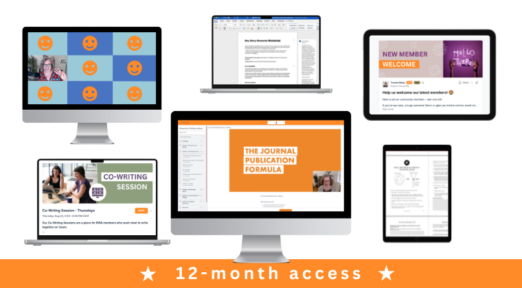 A graphic featuring various devices displaying an assortment of content: virtual meeting participants, a document editor, a welcome message, a co-writing session, a publication formula, and an email on different screens. Text at the bottom reads '12-month access' with stars on either side.