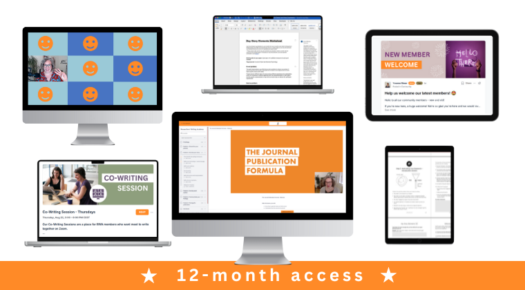 A graphic featuring various devices displaying an assortment of content: virtual meeting participants, a document editor, a welcome message, a co-writing session, a publication formula, and an email on different screens. Text at the bottom reads '12-month access' with stars on either side.