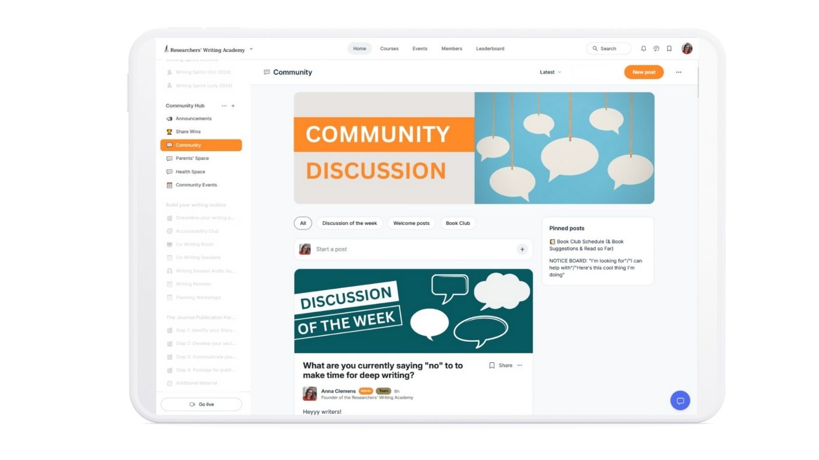 A screenshot of the community space inside the scientific writing course featuring a space for discussion, one for health-related topics, one for parenting-related topics and one for sharing wins as well as a space for community events. 