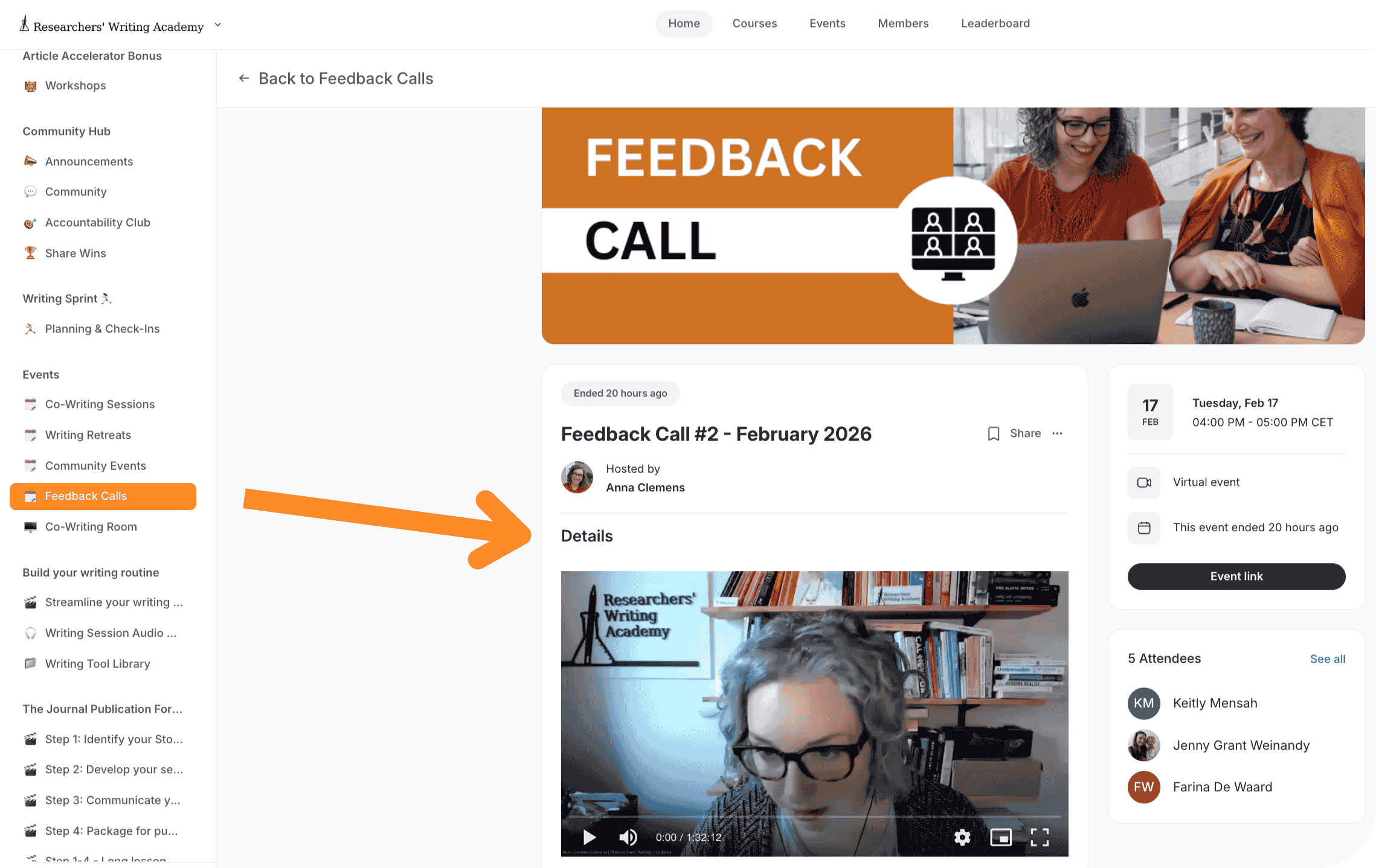 Screenshot of an online workshop page titled 'Key Story Elements Workshop.' The page shows event details, a video of a woman speaking, and a sidebar with options like home, upcoming events, and a calendar. An arrow points to the video section.